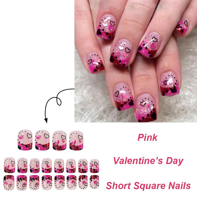 24Pcs Valentines Nails French Tip Press on Nails Short Square Fake Nails Glitter Love Heart Design Valentine's Day False Nails Full Cover Cute Glue on Nails Nude Pink Acrylic Stick on Nails for Women