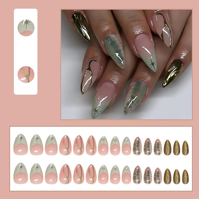 24Pcs Green French Tip Press on Nails Short Almond Fake Nails 3D Gold Chrome False Nails Star Nails Tip Design Glue on Nails Gold Lines Artificial Acrylic Nails Reusable Y2k Stick on Nails for Women