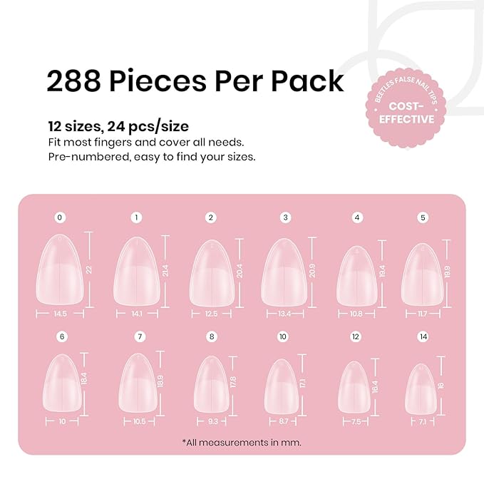 Beetles Short Almond Nail Tips - 288PCS 12 Sizes Full Matte Cover Pre-Etched & Pre-Shaped Soft Gel False Nail Tips Acrylic Nail Tips Nail Extension Tips for Gel Polish DIY Manicure