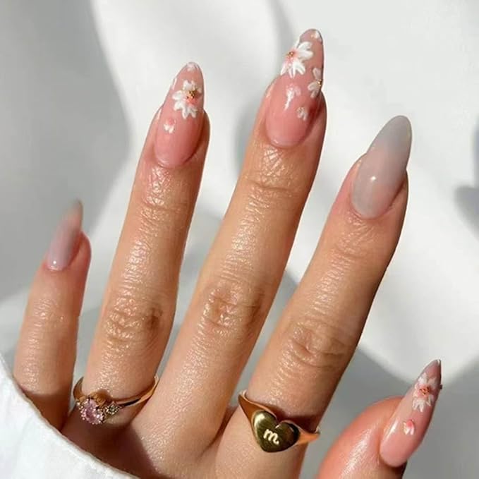 Almond Press On Nails - Medium French Tips, Pink Glossy Full Cover Nails (24 PCS/Set)