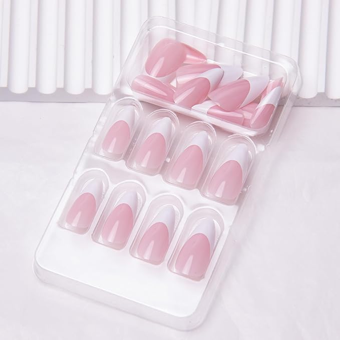 French Tip Press on Nails Medium Almond Fake Nails Nude Pink False Nails Glossy Nature Acrylic Nails Short Artificial Nails for Women Girls Manicure Nails Decoration 24Pcs