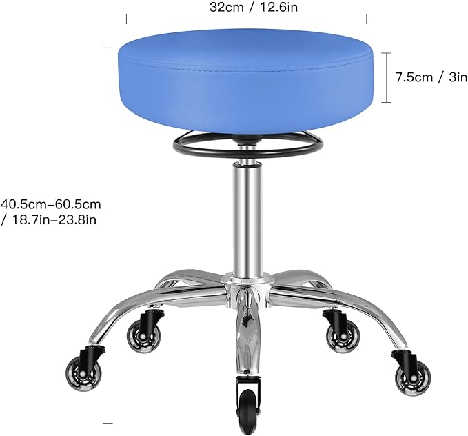Rolling Stool with Wheels 400lbs Weight Capacity,Heavy Duty Lash Chair Adjustable for Tatoo Lab Massage Salon Spa Drafting Nail Teach,360 Swivel,Leather,Thick Seat Padding (Blue)