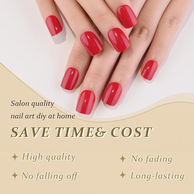 evpct Acrylic Red Glossy Press on Nails Short Square, Glossy Red Fake Nails Summer Reusable False Nail Stick Glue on Press ons for Women Gifts, Perfectly Fit Durable False Nail Kit with Gel Glue 30Pcs