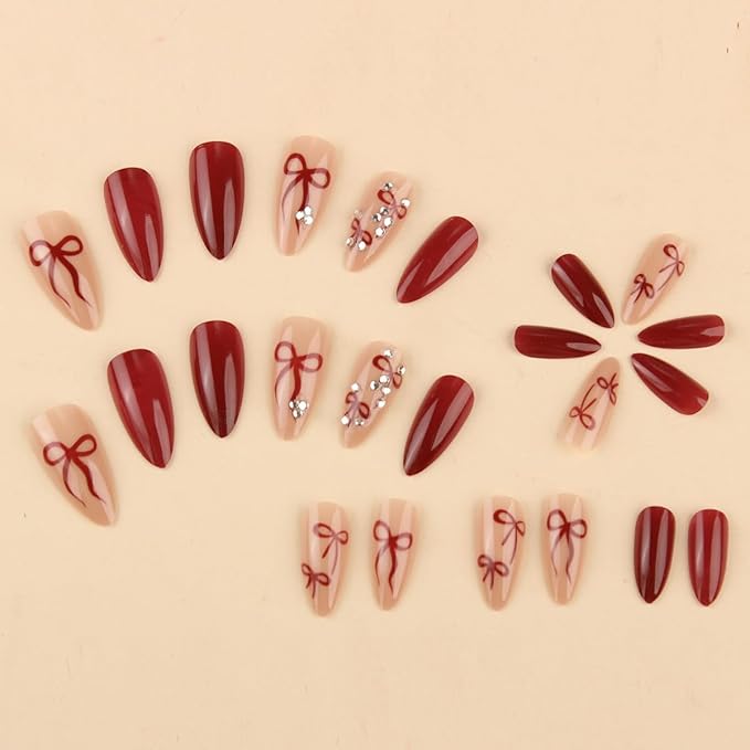 Red Press on Nails Almond Medium Fake Nails with 3D Rhinestones Designs French Press ons Red Bow Glue on Nails Glossy Full Cover Acrylic False Nails Kit for Women Girls Manicure 24Pcs