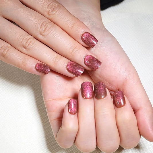 evpct Pink Purple Cat Eye Extra Short Press on Nails Square, Short Square Glue on Nails for Women Gift, Pink Purple Metallic Glitter Glossy Reusable Gel Press on Acrylic Fake Nail with Designs