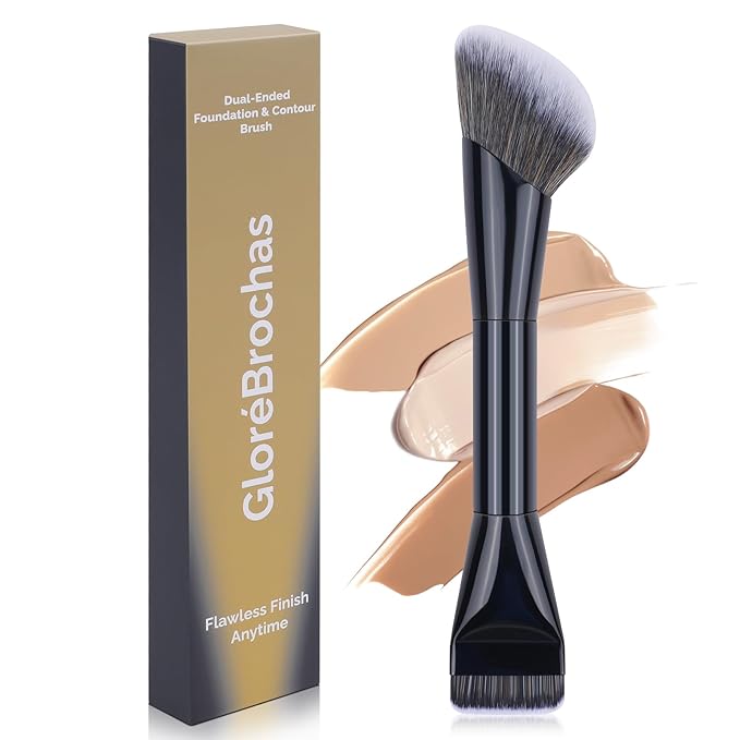 Dual-Ended Makeup Brush,Flat Top Foundation & Angled Contour Brush for Flawless Blending, Smooth Coverage & Effortless Contouring, Ideal for Foundation, Blush, Bronzer & Powder (Black)