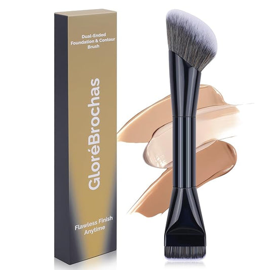Dual-Ended Makeup Brush,Flat Top Foundation & Angled Contour Brush for Flawless Blending, Smooth Coverage & Effortless Contouring, Ideal for Foundation, Blush, Bronzer & Powder (Black)