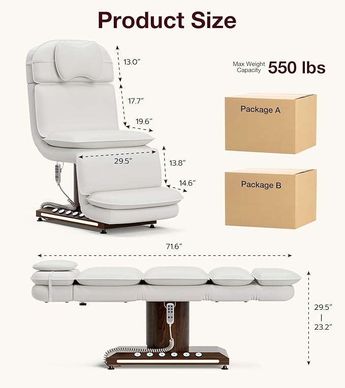 VARONXE Fully Electric Massage Table w/3 Motors, Professional Angle and Height Adjustable Spa Bed Facial Chair, Motorized Esthetician Bed Treatment Table for Beauty Salon, Stool Included, White