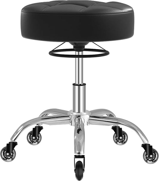 YEEZEE Heavy Duty 400lb Rolling Stool: Super Soft Leather Seat Cushion, 360 Swivel, Height Adjustable, No Squeak, No Tip Over, Salon & Spa Stool (Black)