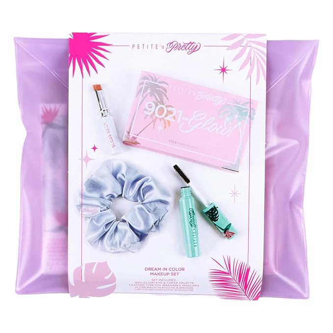 Petite ’N Pretty Dream in Color Makeup Set for Kids, Teens, Tweens - 3-in-1 Eye & Cheek Palette (Blush, Eyeshadow, Highlighter) with Brush, Lip Gloss Balm, Feather Stretch Mascara & Satin Scrunchie