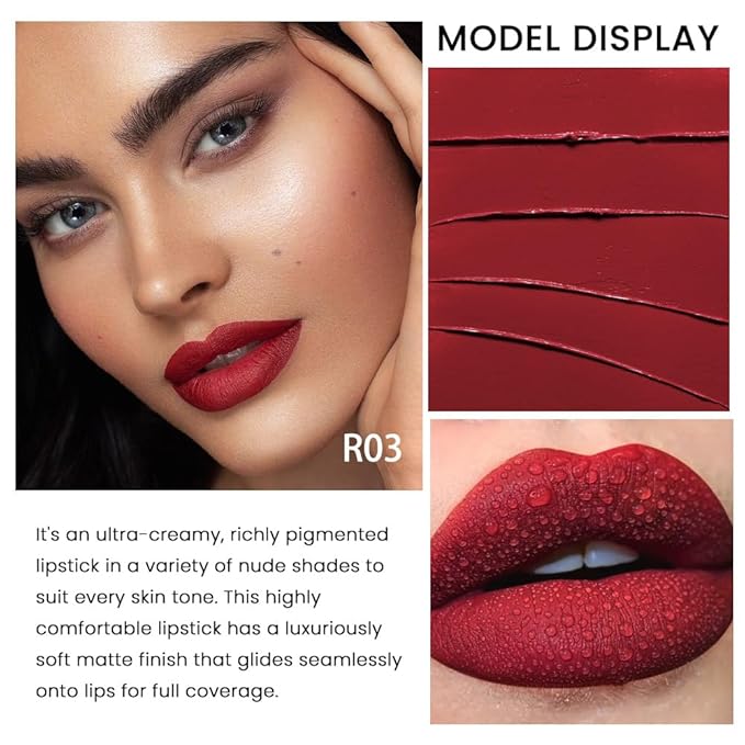 evpct 1Pcs Dark Red Lipstick, Silky Velvet Matte Lipstick Pack Sets for Women, Long Lasting Smudge Proof Lipstick Lip Stain Makeup Kit matte lipstick 24 hours original R03