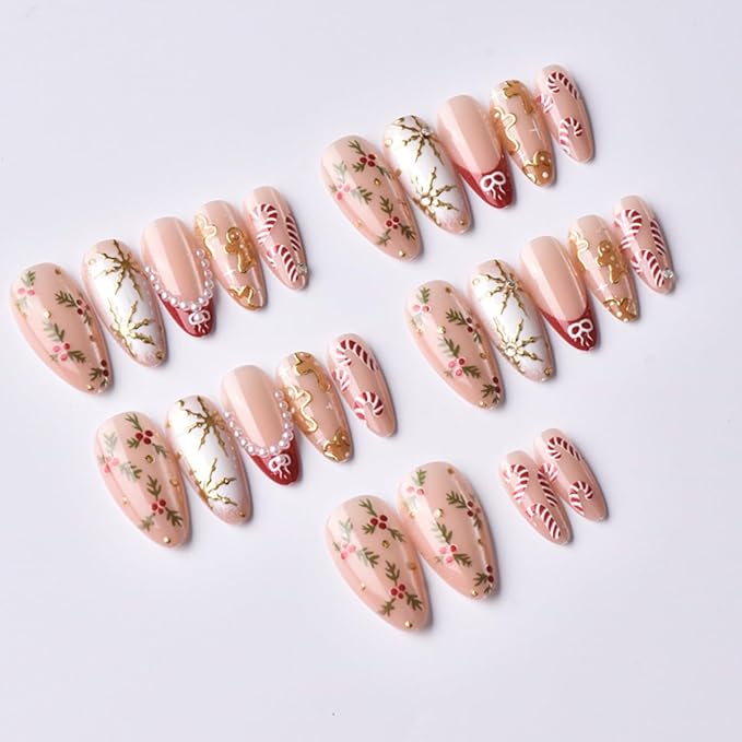Christmas Press on Nails Medium Almond French Tip Fake Nails Xmas Gingerbread Man Holly Snowflake False Nail Glossy Pink Glue on Nails with Pearl Designs Christmas Acrylic Nail for Women 24 Pcs