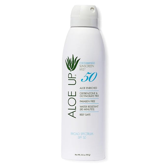 Aloe Up White Collection Continuous Sunscreen Spray SPF 50 Broad Spectrum UVA/UVB Sunscreen Protector for Face and Body with Moisturizing Aloe Vera Gel Reef Safe Coco Mango Fragrance 5.5 Fl. Oz
