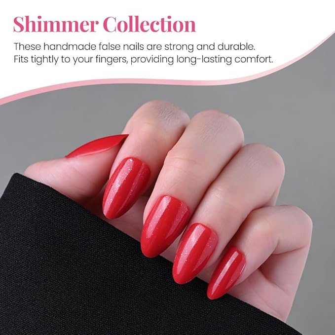 evpct Press on Nails Almond Short, Ruby Red Glitter Shimmer Shiny Short Almond Fake Nails for Women Gift, Soft Gel Press Glue On Nails with Nail Glue, 30Pcs Reusable Acrylic Fake Nail Manicure Kit