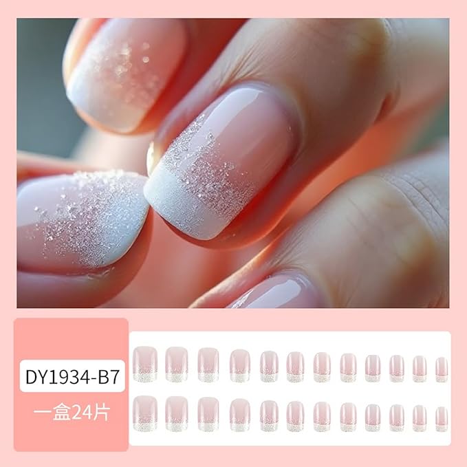 24Pcs White French Tip Press on Nails Short Square Fake Nails with Gradient Design Glossy False Nails Full Cover Artificial Glue on Nails Nude Stick on Nails Spring Summer Nail Supplies for Women DIY