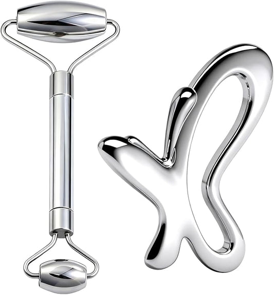 Gua Sha & Face Roller, Stainless Steel Gua Sha Facial Tools,Lymphatic Drainage Massager for Face, Eyes,Chin & Jawline Sculpting,Body Gua Sha Tools with Pouch (Light Silver)