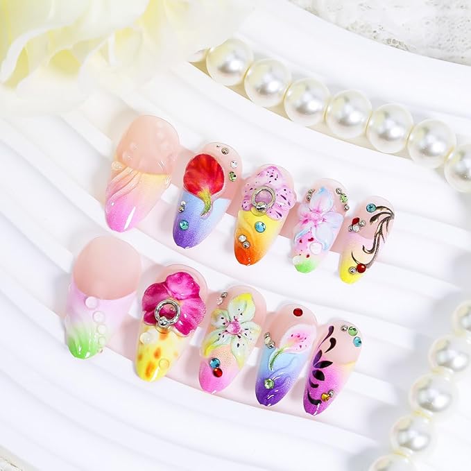 24Pcs 3D Flower Press on Nails Medium Almond Fake Nails French Tip False Nails with Silver Pearl Rhinestones Gilding Design Colorful Summer Stick on Nails Full Cover Artificial Glue on Nails for Women