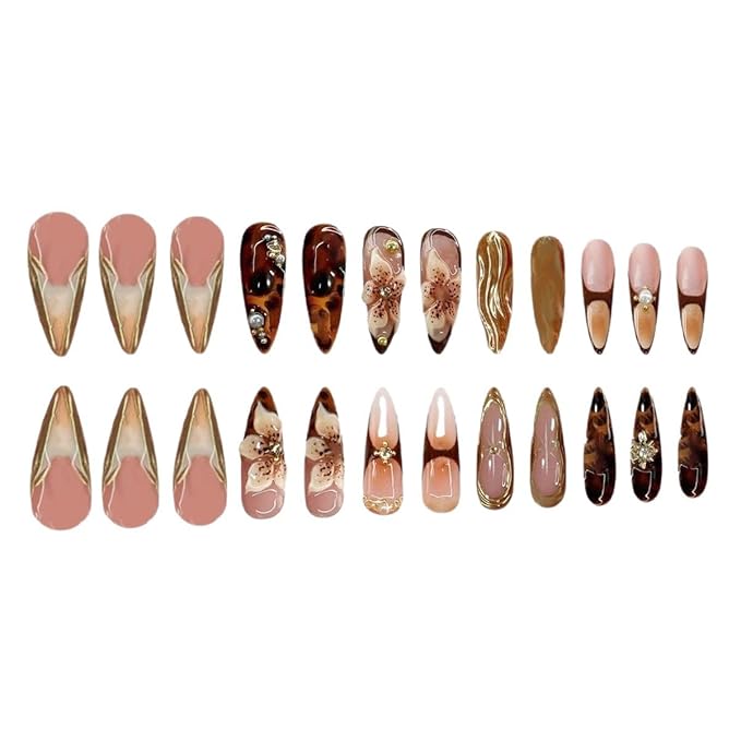 Long Almond Press on Nails Gold Fake Nails with 3D Floral Luxury Acrylic False Nail Stick on Nail for Women 24pcs
