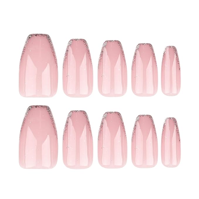 Hkanlre Medium Coffin Press on Nails Bling Fake Pink Nails Tips Full Cover False Gold French Nails for Women and Girls 24PCS