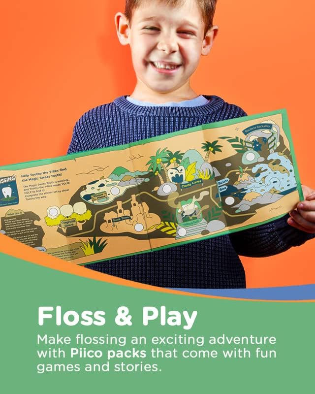 Piico Unflavored Kids Floss - No Fluoride Dual Line Dental Floss Picks - Fun Oral Care in Colorful Floss Sticks Design - Flossers Prevent Tooth Decay & Gum Disease - 300 Playground Dino & Travel Case