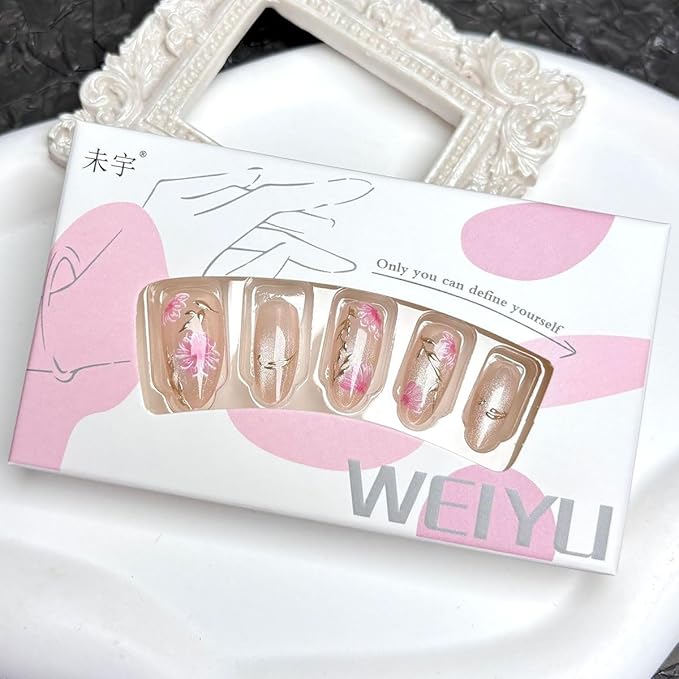 30Pcs Gold Almond Flower Glitter Summer False Nails with Cherry Blossoms Leaf Designs, Full Cover Glue on Nails, Acrylic Nail Accessories