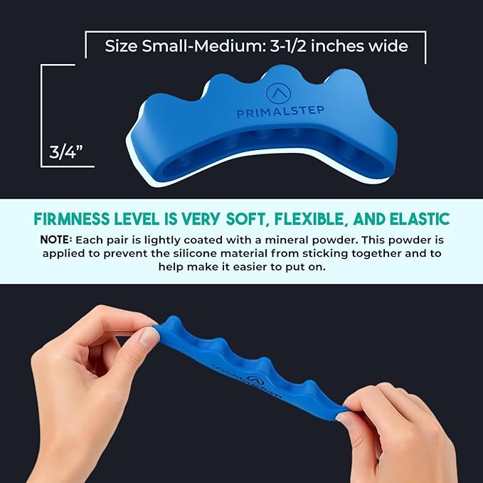 PrimalStep 2.0 FIRM EDITION Toe Separators - Extra Firm, Stretchy & Flexible - Thicker & More Durable - Dr. Recommended - Loved by Those with Bunions or Plantar Fasciitis - Toe Spacers for Athletic Mobility (Blue, S/M)