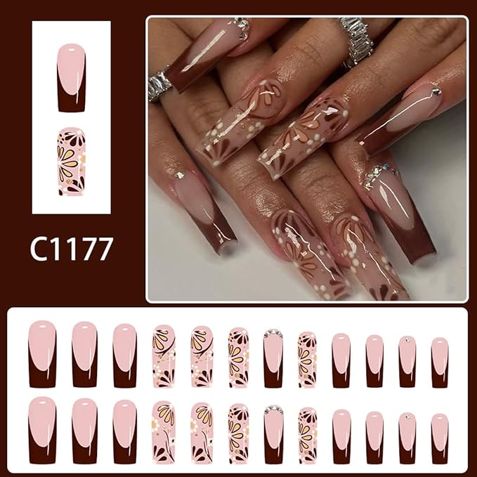24Pcs Brown French Tips Press on Nails Long Square Fake Nails with Autumn Flower Rhinestones Designs French Flowers False Nail Full Cover Fall Glue on Nails for Women, Autumn & Winter Nail Art