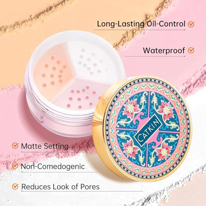 CATKIN Loose Setting Powder - Translucent Shimmer Finishing Powder, 3 Colors Even Skin Tone, Oil Control Makeup Pore Minimizing Powder with Velour Puff (0.42oz, C01 Shimmer for Oily Skin)