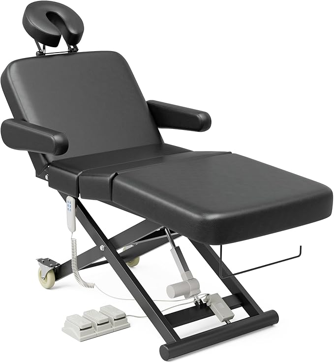 Paddie 3 Motor Fully Electric Lash Bed with Face Cradle & Foot Pedal, 550lbs Electric Lift Massage Table with Independent Leg Adjustment & Rolling Wheels, Dental/Exam/Treatment/Spa/Tattoo, Black