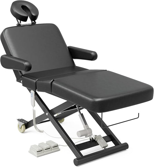 Paddie 3 Motor Fully Electric Lash Bed with Face Cradle & Foot Pedal, 550lbs Electric Lift Massage Table with Independent Leg Adjustment & Rolling Wheels, Dental/Exam/Treatment/Spa/Tattoo, Black