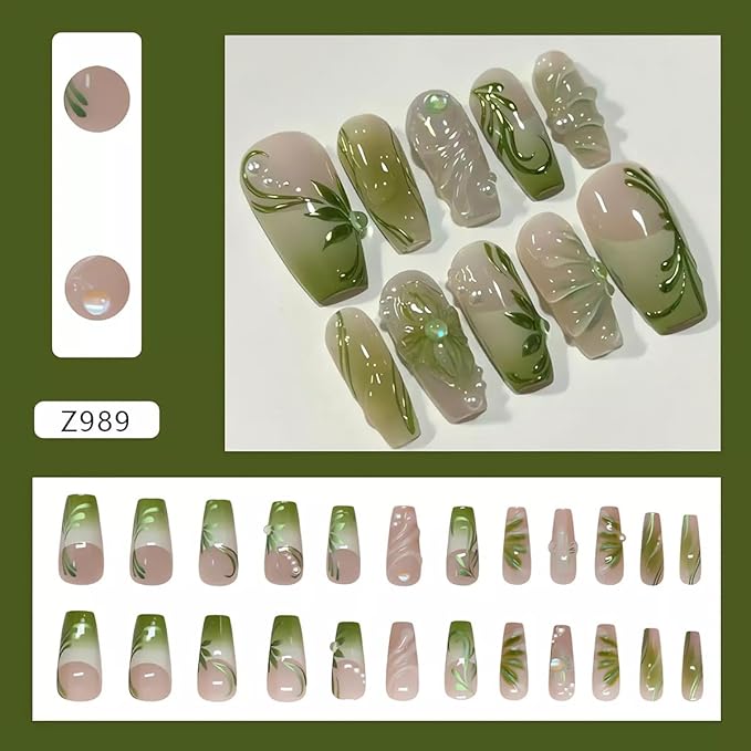 3D Press on Nails Acrylic Rhinestone Fake Nails Long Coffin Gradient Nude Green with Leaf Design Artificial Nails Pearl Accents Glue on Nails for Women Girls, 24Pcs