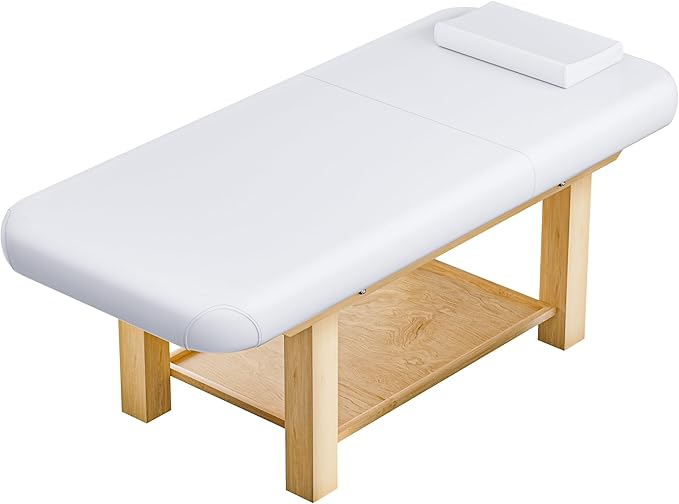 28in Wide Massage Table with 1500lbs Weight Capacity, Wooden Base, Massage Bed Adjustable Backrest for Professional & Home Use, Spa Treatment Table for Relaxation and Therapy，White