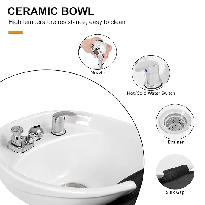 Artist hand Shampoo Bowl, 47" Ceramic Bowl Chair Adjustable Backwash Shampoo Station Footrest Salon Equipment(White Bowl)