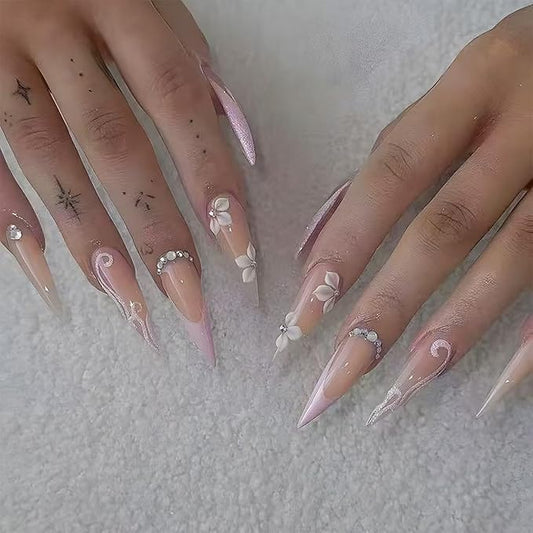 Long Press on Nails Stiletto Fake Nails French Tip False Nails with Flower Design Rhinestone Glitter Glossy Acrylic Artificial Nails for Women 24 Pcs