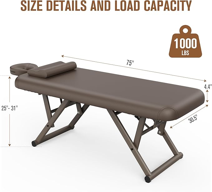 pouseayar Adjustable Massage Table with Face Pillow & Headrest, Sturdy and Solid, Silent and Easy to Adjust - Fixed Backrest, Brown