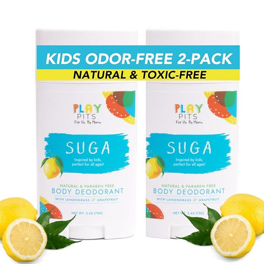 PLAY PITS - Kids Deodorant for Girls & Boys - Natural - Aluminum-Salt Free - Safe for Sensitive Skin - SUGA is Infused w/Lemon & Grapefruit Essential Oils - Non-Toxic & Paraben Free - 2.65oz - 2pk