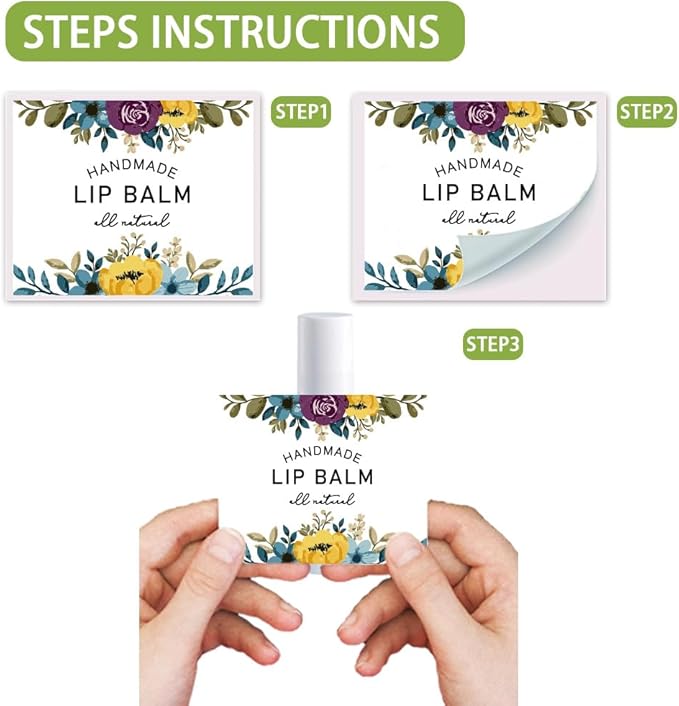 OLYCRAFT 100Pcs 4 Styles Lipstick Tag Stickers Flower Lip Balm Label Sticker 2.1x1.7 inch Self Adhesive Lipstick Labels with Handmade Words for Lip Balm Container Tubes Wrapping Decorations