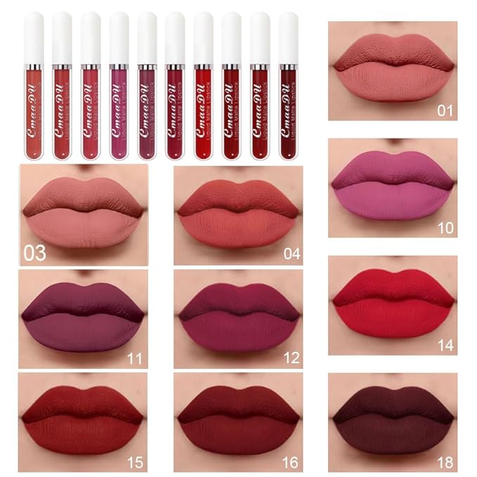 evpct 10Pcs Liquid Matte Matt Lipstick Set for Black Women, Dark Deep Bright Ruby Sexy Brick Mauve Plum Red Violet Purple Matte Lipstick Long Lasting Lipstick 24 hour Waterproof Lip Gloss