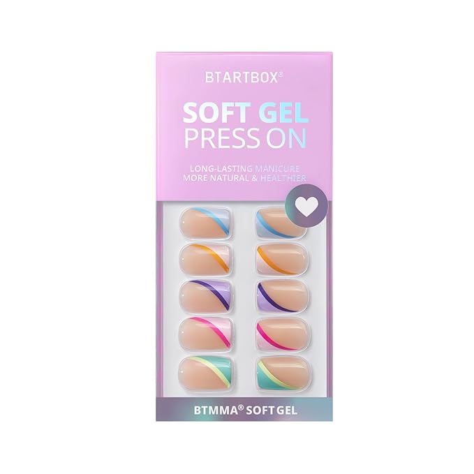 BTArtbox Short Press On Nails - Soft Gel French Tip Press On Nails, Supremely Fit & Natural Square Glue On Nails with Nail Glue, Reusable Stick On Nails in 15 Sizes, Pastel Curves