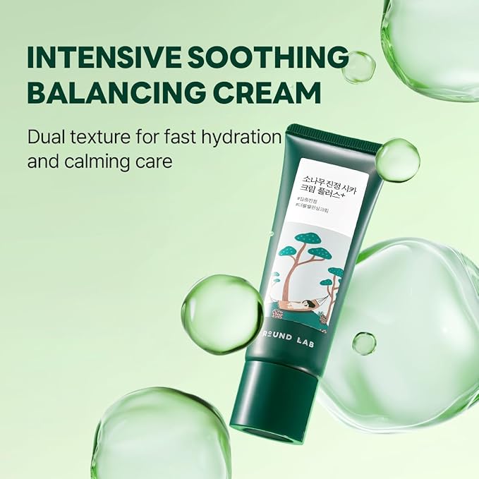 ROUND LAB Pine Cica Calming Cream Plus 60ml – Dual-Texture Soothing Cream for Blemish Care, Acne-Prone Skin Safe, Sebum & Oil Control, Intensive Calming, Strengthens Skin Barrier, Clear & Calm Finish