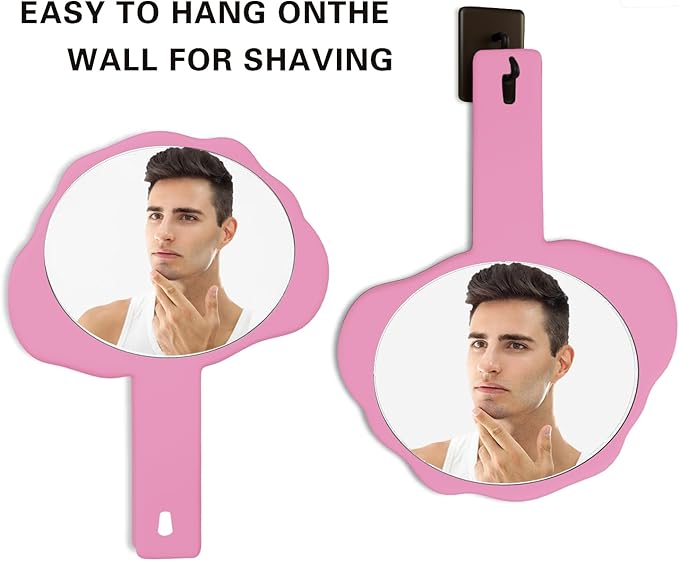 2 Pcs Handheld Mirror with Handle, Plastic Travel Makeup Handheld Cosmetic Hand Mirror for Travel, Pocket Desk Showe Barber, Gift for Your Girlfriend, for Women (Pink, 5.91" Lx 7.87" W)