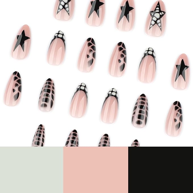Nude Pink French medium Press On Nails Almond, Punk Mixed Design Fake Nails with Black Star & Crocodile Texture Detail, Glossy Gel Finish Acrylic Nails, Reusable Glue On Nails Kit for Women