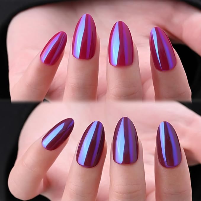 Chrome Red and Purple Press On Nails Short Almond 60 Pcs Kit, Designer Reusable Acrylic Fake Nails with Glue, Glossy Soft Gel Nails for Women Wedding Party Gift - Stick On Glue On Nails Kit