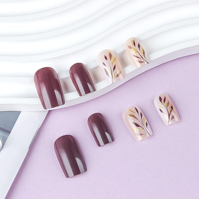 Fall Leaves Stick on Fingernails 24Pcs Glossy Gold Glitter Acrylic Fake Nail Maple Leaf Press on Nails Thanksgiving Medium Square False Nails Autumn Gel Glue on Nail for Coquette Women Girls