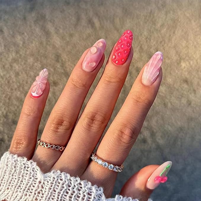 24Pcs Pink Cherry Press on Nails Medium Almond Fake Nails Summer Fruit False Nails 3D Grapefruit Strawberry Water Drop Designs Pink Cute Nails Full Cover Acrylic Stick on Nails for Women DIY Manicure