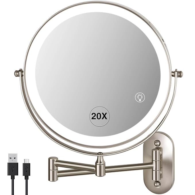 20X Magnifying Mirror with Light: 8.5 inch Lighted Makeup Mirror with 3 Colors, 360° Rotation Touch Screen Rechargeable Light up Mirror, Double Sided LED Vanity Mirror, Brushed Nickel