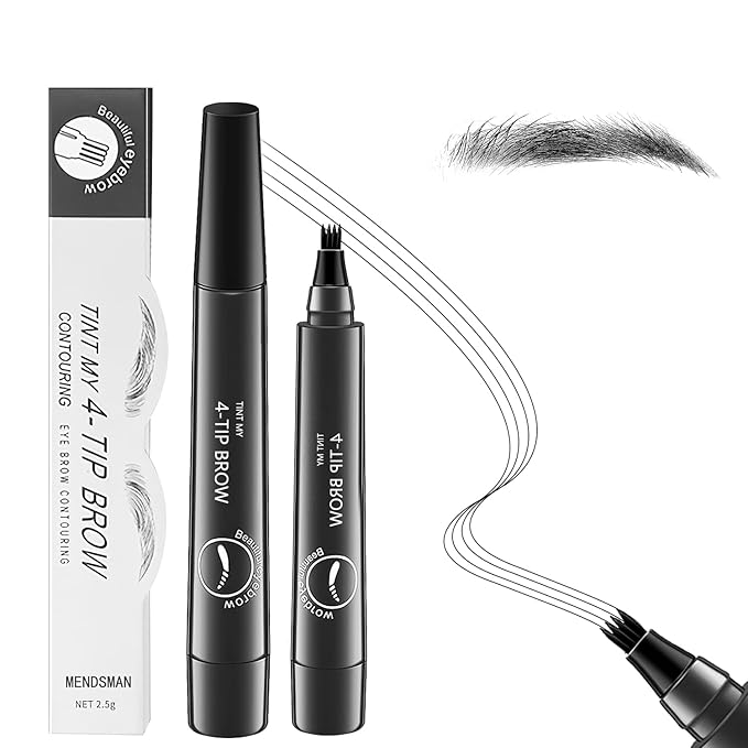 2Pcs Magic Microblading Eyebrow Pencil, 4-Tip Brow Pencil with Micro-Fork Tip, 3D Waterproof Microblading Eyebrow Pen, Eyebrow Tattoo Pen for Natural Makeup (Black)