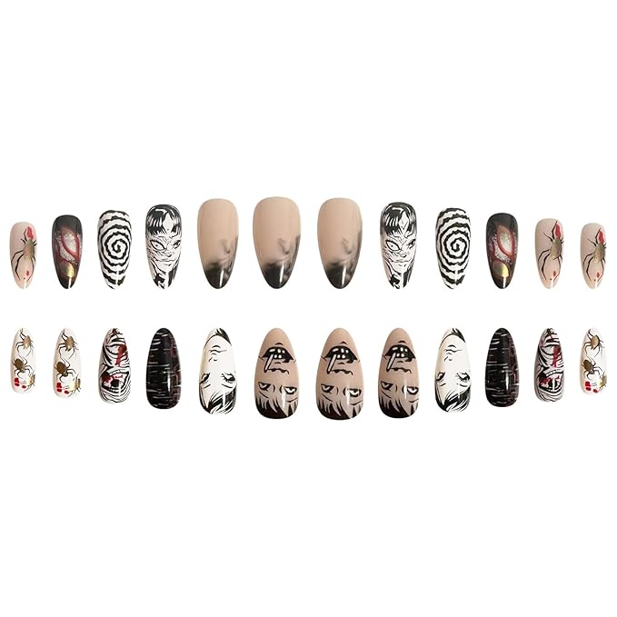 24Pcs Horror Comic Press on Nails Medium Almond Fake Nails Glossy Black Japanese Anime Nails Gothic Punk False Nails Japanese Comic Style Full Cover Press on Halloween False Nail Tips for Girls