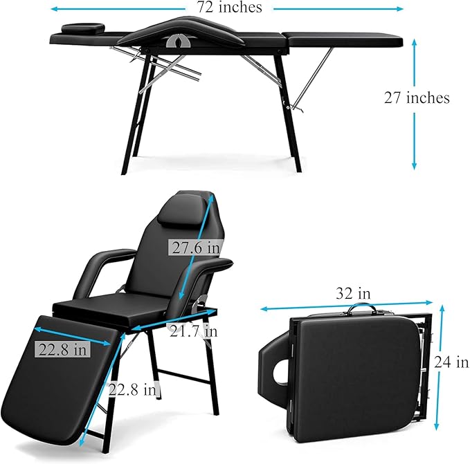 Portable Tattoo Chair, Adjustable Massage Facial Bed with Removable Headrest & Armrest, Foldable Spa Chair with Carry Bag, 73 Inch Esthetician Bed for Salon Beauty Barber Spa Tattoo (Black)