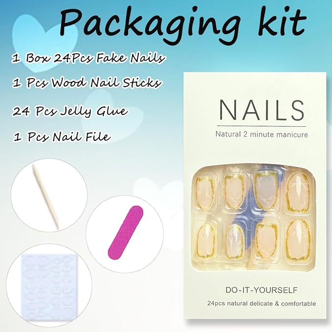 Medium Almond Press on Nails Nude Fake Nails with Gold Glitter Design Acrylic Nails Press ons Full Cover Marble Stripes Stick on Nails Reusable Glossy Glue on Nails for Women Girls Manicure 24Pcs